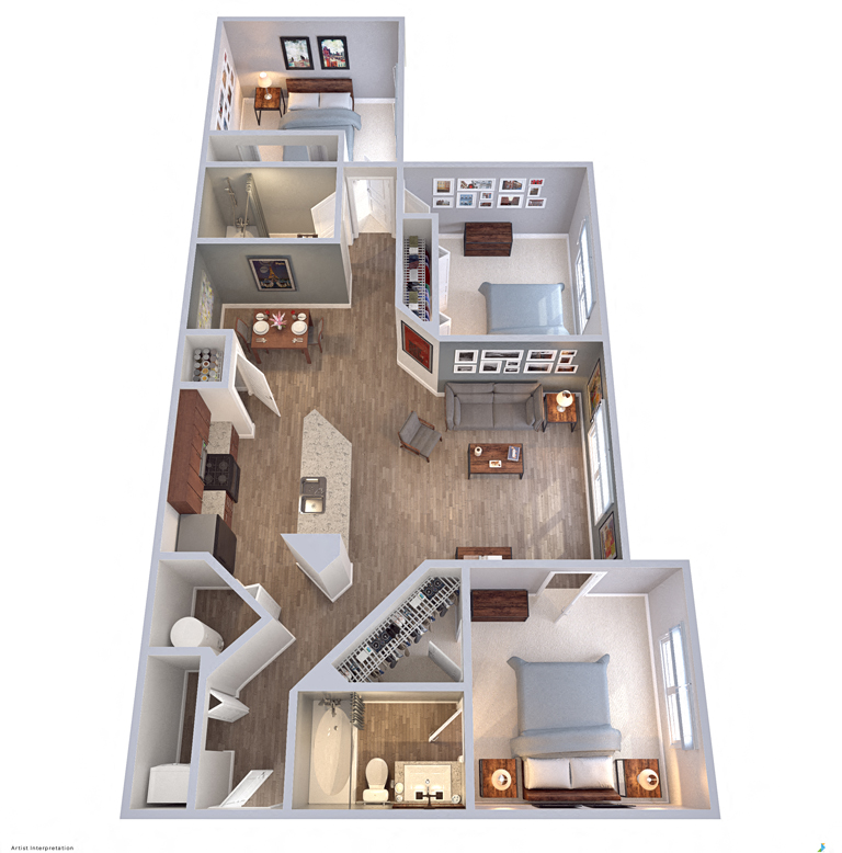 Floor plan for 3 beds, 2 baths, 1160 sqft
